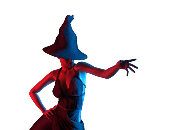 Halloween Witch in neon lights. Wide Halloween party art design 3d rendering on white background - 写真・画像