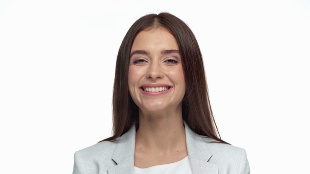szczęśliwy businesswoman mówi odizolowany na biały - Materiał filmowy, wideo