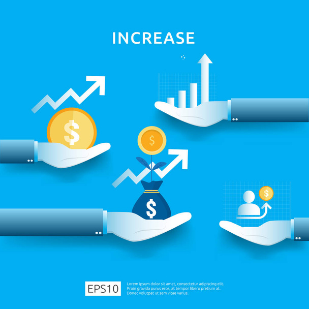 363 Hand Chart Growth 01business chart on hand. income salary rate increase. graphic growth margin revenue. Finance performance of return on investment ROI concept with arrow element. flat style desig - Vector, Image