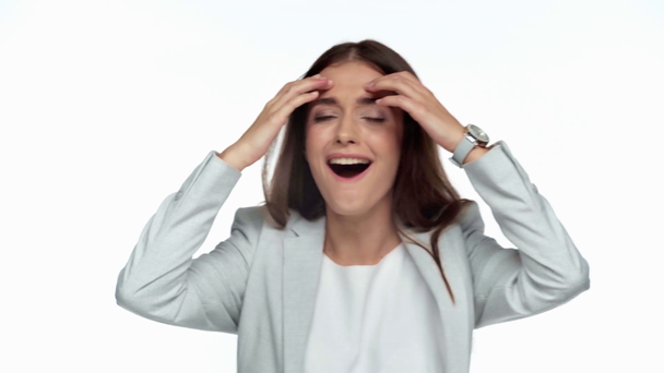 excité femme d'affaires geste isolé sur blanc
 - Séquence, vidéo