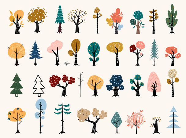 Set van bomen in een vlakke stijl. Boom iconen ingesteld in een moderne platte stijl. Grenen, vuren, eik, berken, romp, Aspen, elzen, populier, kastanje, appelboom. - Vector, afbeelding