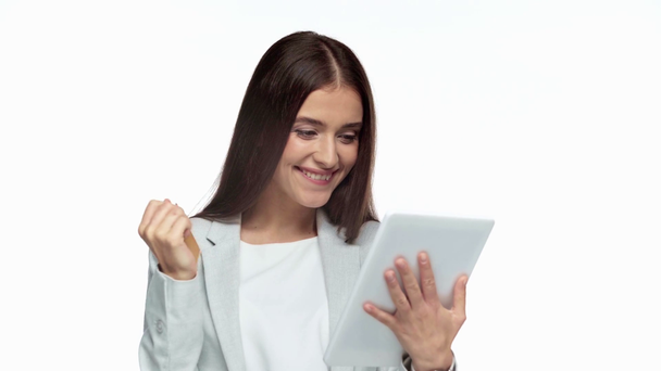 attraente donna d'affari in possesso di carta di credito e gadget isolato su bianco
  - Filmati, video