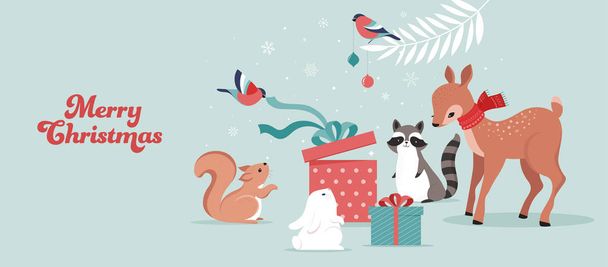 かわいい森の動物、鹿、ウサギ、アライグマ、クマとリスと冬とクリスマスのシーン。バナー、グリーティングカード、アパレル、ラベルデザインに最適です。ベクトルイラスト - ベクター画像