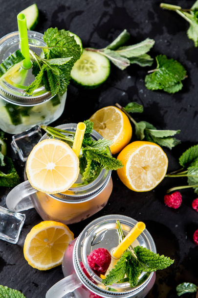 Home made lime, cucumber, raspberry and lemon drinks. Mojito mix. Summer concept - Φωτογραφία, εικόνα