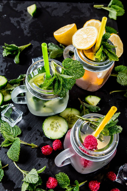 Home made lime, cucumber, raspberry and lemon drinks. Mojito mix. Summer concept - Fotografie, Obrázek