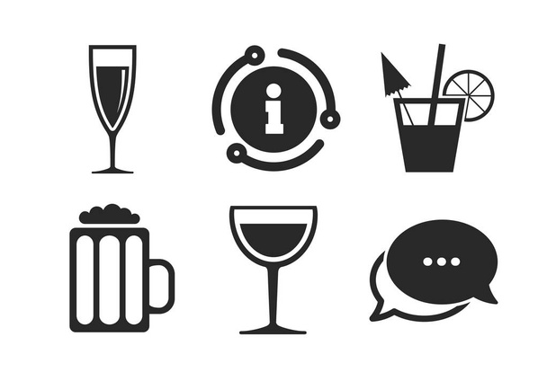Champagne mousserende wijn en bier symbolen. Chat, info teken. Alcoholische dranken iconen. Wijn glas en cocktail borden. Klassiek stijl Spraakballon pictogram. Vector - Vector, afbeelding