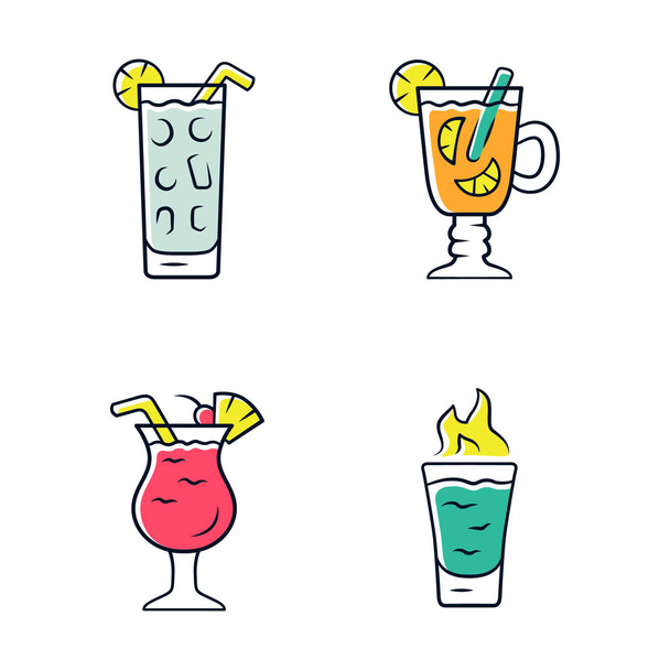 Drinks color icons set. Cocktail in highball glass, hot toddy, pina colada, flaming shot. Alcoholic mixes and soft drinks. Refreshing and warming beverages. Isolated vector illustrations - Вектор, зображення