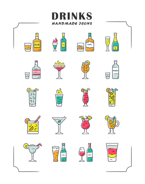 Drinks color icons set. Alcohol menu card. Beverages for cocktails. Whiskey, rum, wine, martini, margarita, absinthe. Refreshing and warming spirit containing liquors. Isolated vector illustrations - Vektor, obrázek