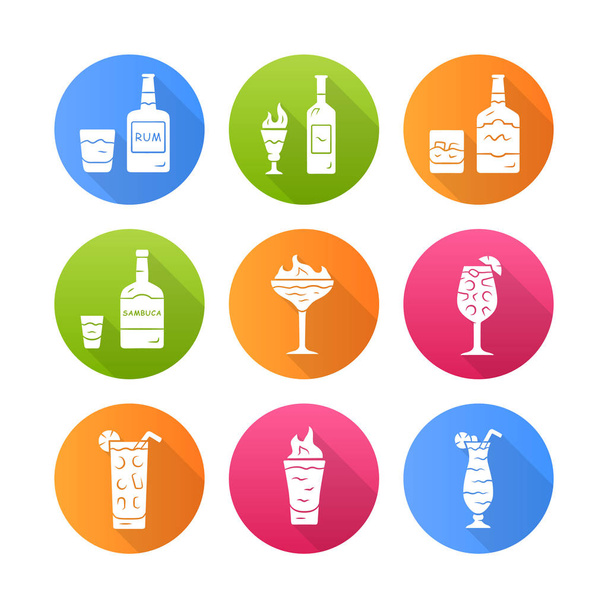 Drinks flat design long shadow glyph icons set. Rum, absinthe, whiskey, sambuca, sangria, flaming cocktail and shot, hurricane glass, highball glass. Alcohol beverages. Vector silhouette illustration - Διάνυσμα, εικόνα