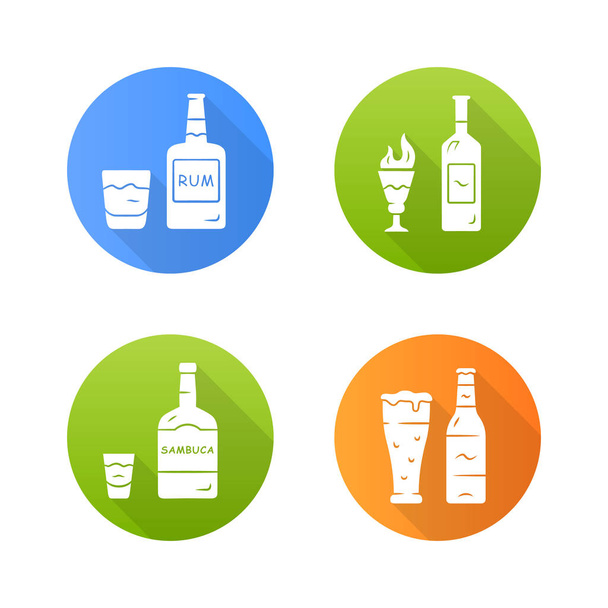 Drinks flat design long shadow glyph icons set. Rum, absinthe, sambuca, beer. Bottles and beverages in glasses. Refreshment alcoholic liquid for party and celebration. Vector silhouette illustration - Вектор,изображение