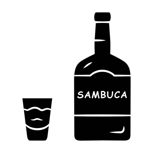 Sambuca glyph simgesi. Şişe ve içki ile cam shot. İtalyan anason aromalı likörü. Kokteyller için alkollü içecek, dümdüz. Siluet sembolü. Negatif boşluk. Vektör izole illüstrasyon - Vektör, Görsel