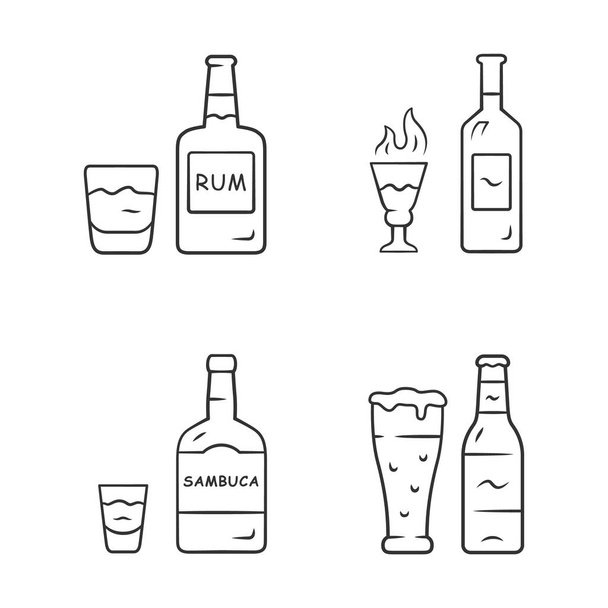 Drinks linear icons set. Rum, absinthe, sambuca, beer. Bottles and beverages in glasses. Refreshment alcoholic liquid. Thin line contour symbols. Isolated vector outline illustrations. Editable stroke - ベクター画像