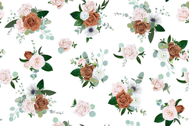Seamless pattern with pale pink and brown roses - Vector, Image