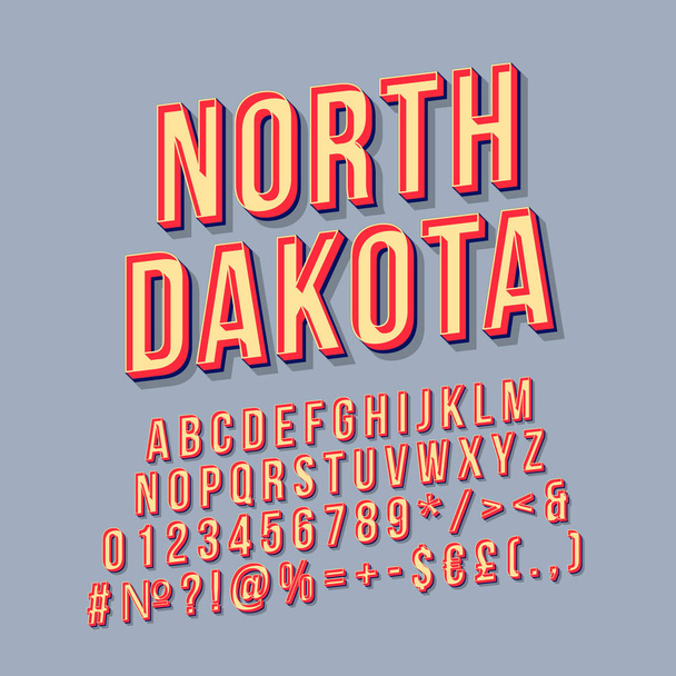 North Dakota vintage 3d vector lettering. Retro bold font, typeface. Pop art stylized text. Old school style letters, numbers, symbols, elements pack. 90s, 80s typography design. Grey color background - Vector, Image