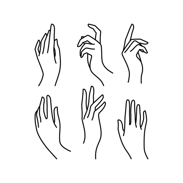 Γραμμή συλλογής εικονιδίων χεριών της γυναίκας. Διανυσματική απεικόνιση των κομψών γυναικείων χεριών διαφορετικών κινήσεων. - Διάνυσμα, εικόνα