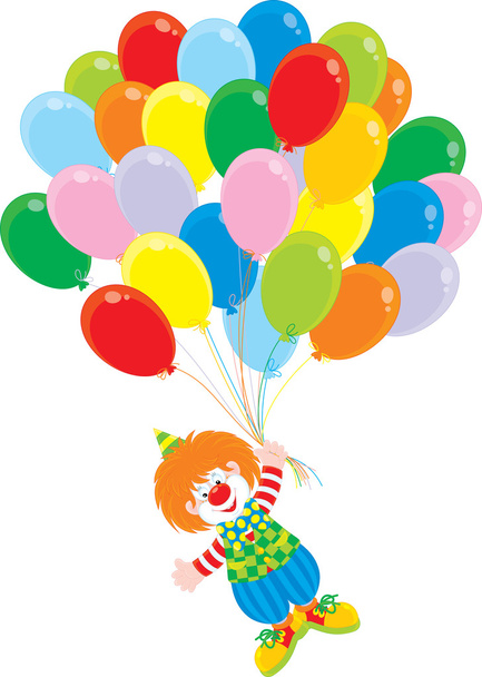Circus clown flying with colorful balloons - Vektor, kép