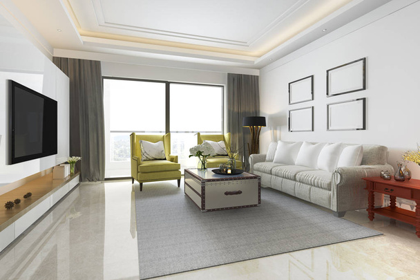 3d rendering soggiorno vintage con tavolo rosso divano giallo
 - Foto, immagini