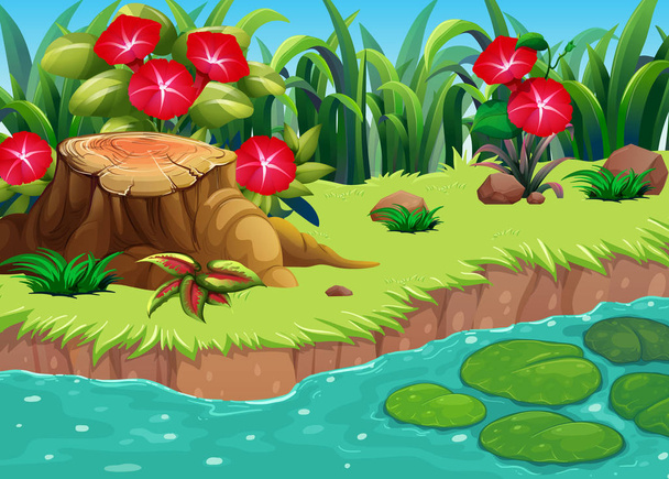 Přírodní scéna s červenými květy u řeky - Vektor, obrázek