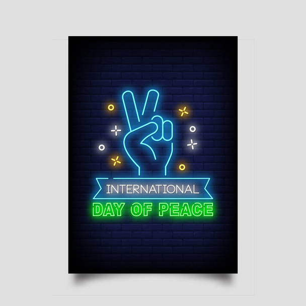 Leuchttafel mit fröhlichem internationalen Friedenstag-Schriftzug vor Backsteinmauer-Hintergrund - Vektor, Bild
