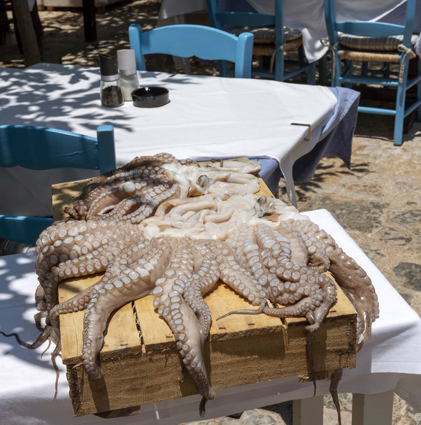 Creta, Grecia. Junio 2019. Un pulpo grande en una caja de madera secándose al sol en un restaurante cretense
. - Foto, imagen