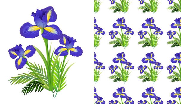 Iris çiçekleri ve eğrelti otları ile dikişsiz arka plan tasarımı - Vektör, Görsel