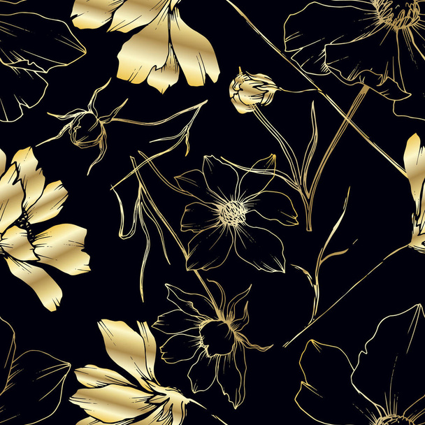 Vector Cosmos floral botanical flowers. Black and white engraved ink art. Seamless background pattern. - Wektor, obraz