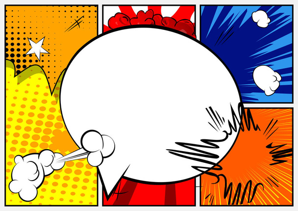 Vetor ilustrado retro história em quadrinhos fundo com grande bolha de discurso em branco, pop art estilo vintage pano de fundo em uma página colorida
. - Vetor, Imagem