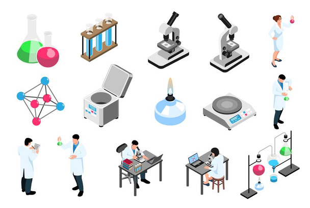 Gyógyszerészeti laboratórium izometrikus ikonok beállítása - Vektor, kép