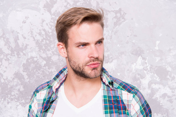 Natural beauty. Beard grooming. Hairdresser salon. Barber concept. Skin care. Handsome man unshaven face. Caucasian male model with unshaven handsome face and stylish hairstyle. Casual and handsome - Foto, imagen