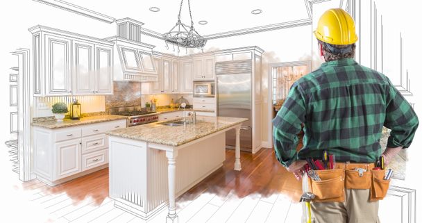 4k Contractor Facing Custom Kitchen Drawing Transitioning to Photograph With Brush Strokes. - Felvétel, videó
