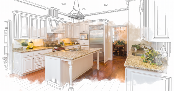 4k Custom Kitchen Drawing Transitioning to Photograph With Brush Strokes. - Footage, Video