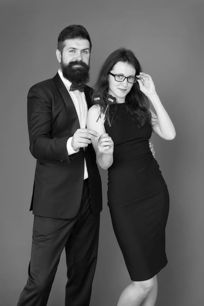 heart filled with love. valentines day heart. bearded businessman with lady. formal couple. business meeting. tuxedo man and elegant woman at formal party. love date and romance. sexy couple in love - Fotografie, Obrázek