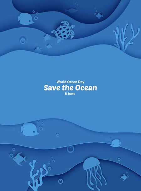 世界海洋デー 6月8日魚、サンゴ礁、藻類の海底、波と水の海の洞窟の下のペーパークラフトの深さ。ダイビングコンセプト、深い青い海洋生物。ベクトル海の野生生物. - ベクター画像