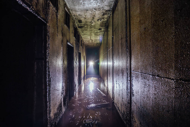 Diggers in flooded abandoned Soviet bunker tunnel with metal wal - Photo, image