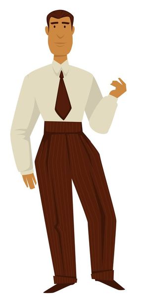 1950s fashion, man in high waist trousers and tie with white shirt, 50s retro style vector. Male character, vintage clothes and short hairstyle. Clothing design and old-fashioned outfit, classic look - Vetor, Imagem