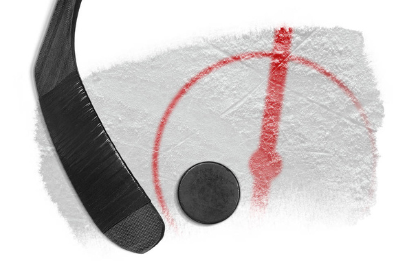 Hockey puck and fragment of the hockey arena with markings - Foto, imagen