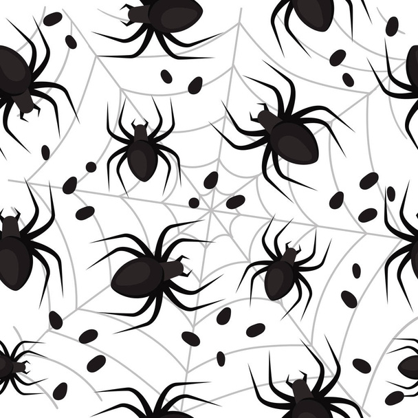 Halloween seamless pattern. Black spiders on white background. Vector illustration - Vetor, Imagem