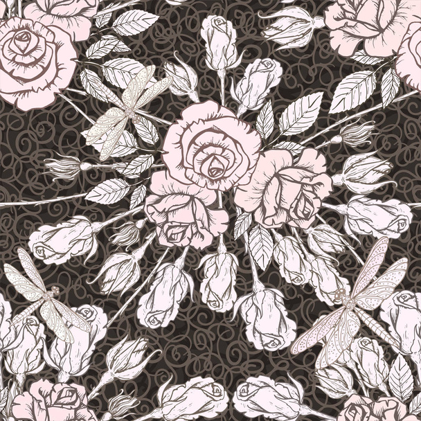 Vector seamless texture with hand drawn roses on dark background - Vector, Image