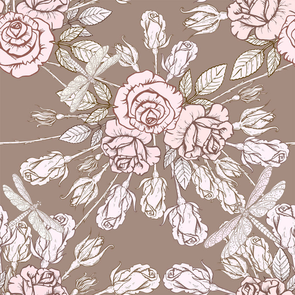 Vector seamless texture with hand drawn roses on dark background - Вектор, зображення