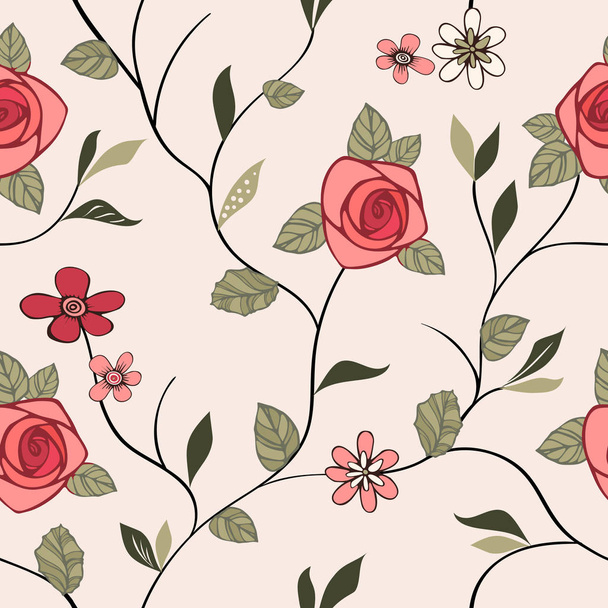 Vector vintage seamless pattern with stylized roses and abstract flowers on a cream background - Vector, Imagen