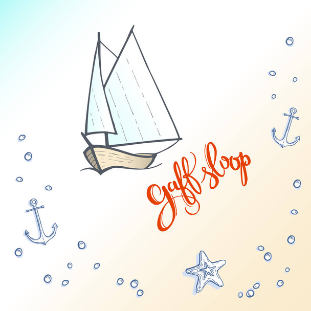 Sloop aurico disegnato a mano ed elementi grafici sul tema del mare e della vela. Schizzo vettoriale in bianco e nero
 - Vettoriali, immagini