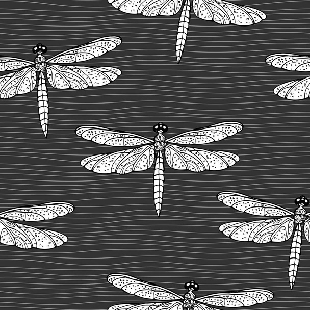 Vector seamless pattern with hand drawn dragonflies and endless horizontal lines - Vektori, kuva