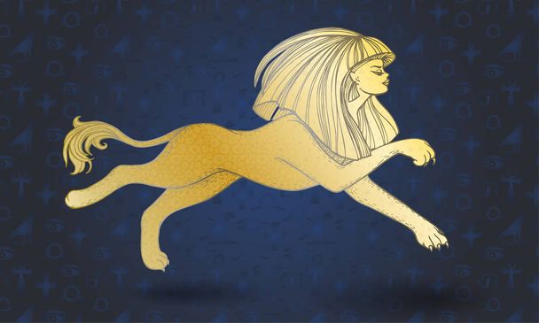 Arany futó szfinx kék alapon hieroglifákkal - Vektor, kép