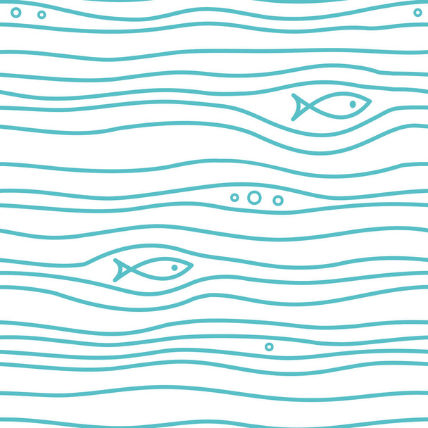 Seamless simple pattern with simple blue fishes and waves on white background. Vector simple marine print. - Διάνυσμα, εικόνα