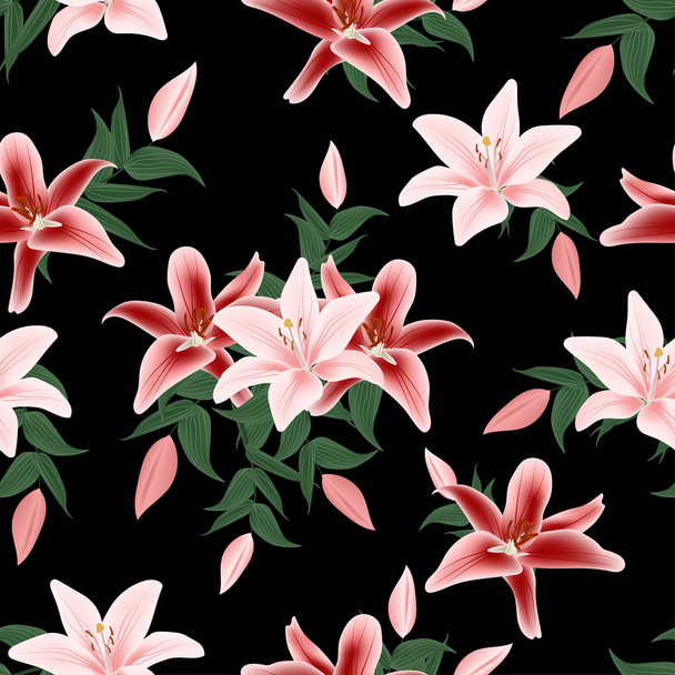 Seamless pattern with tropical pink red lily flower bouquet - ベクター画像