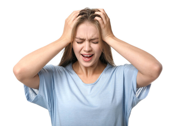 Woman having panic attack on white background - Photo, Image