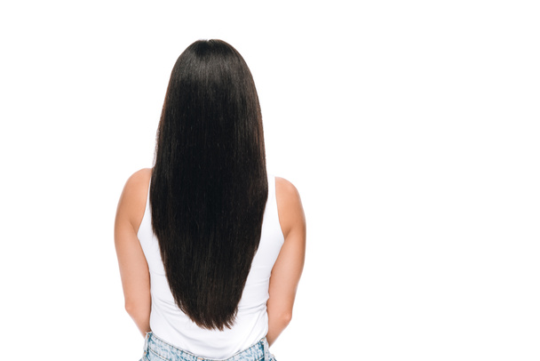 vista posteriore di bruna bella donna con lunghi capelli lisci sani e lucidi isolati su bianco
 - Foto, immagini