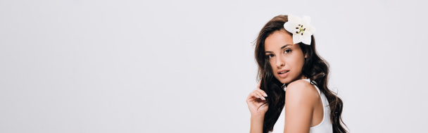 panoramic shot of brunette beautiful woman with lily in long healthy hair isolated on grey - Fotoğraf, Görsel