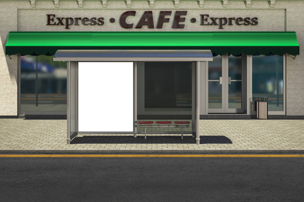 3D απεικόνιση ενός κενού πίνακα ανακοινώσεων σε μια στάση λεωφορείου σε ένα δρόμο της πόλης. - Φωτογραφία, εικόνα