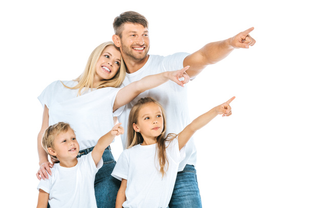 cheerful family pointing with fingers isolated on white  - Foto, afbeelding